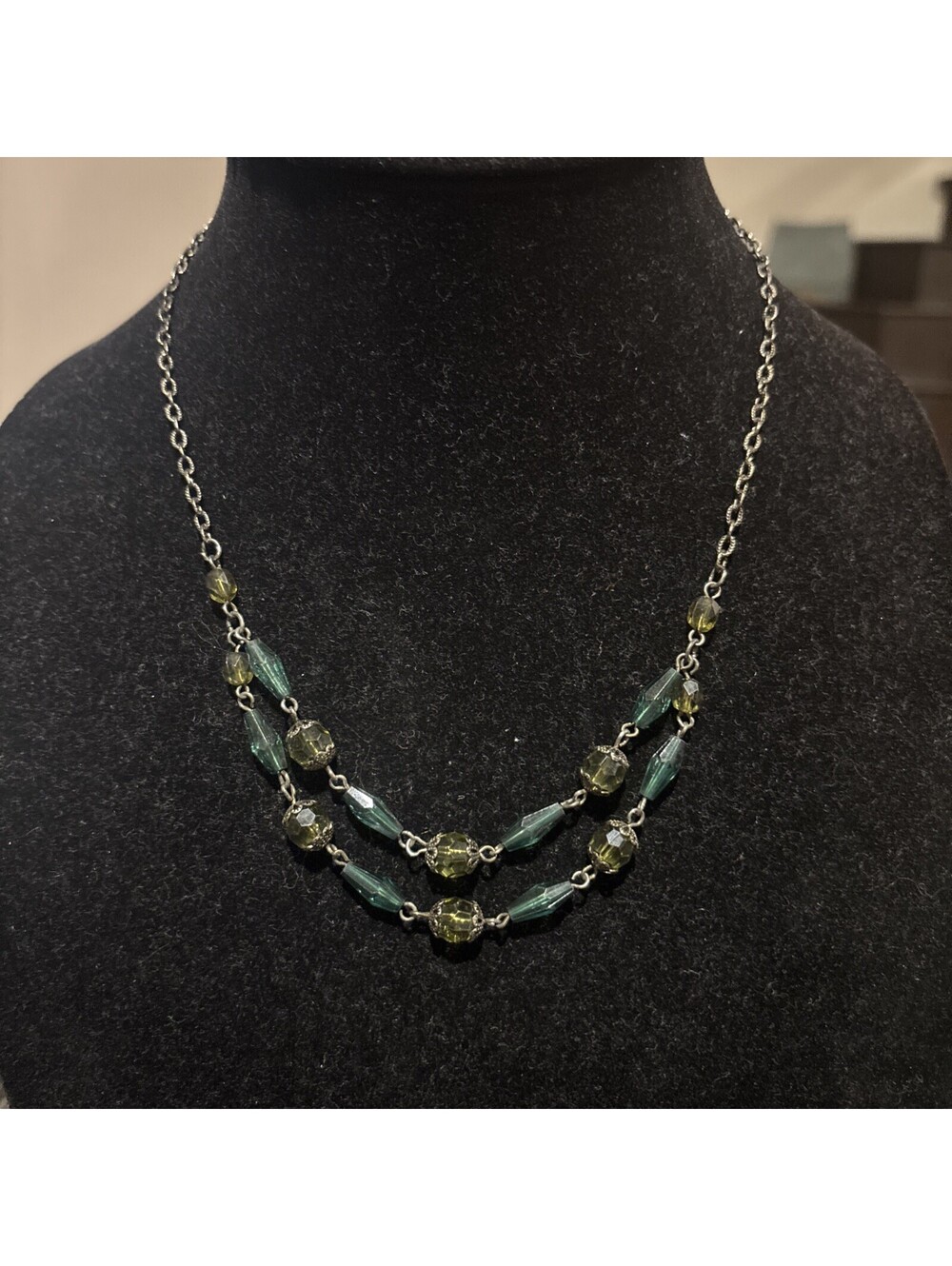 Vintage Two Strand Green Bead Necklace 1928 Company
